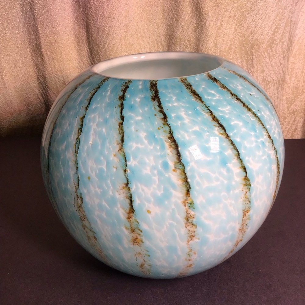 Blue and Brown Striped Cased Glass Murano style Large Ball Melon Vase beachy